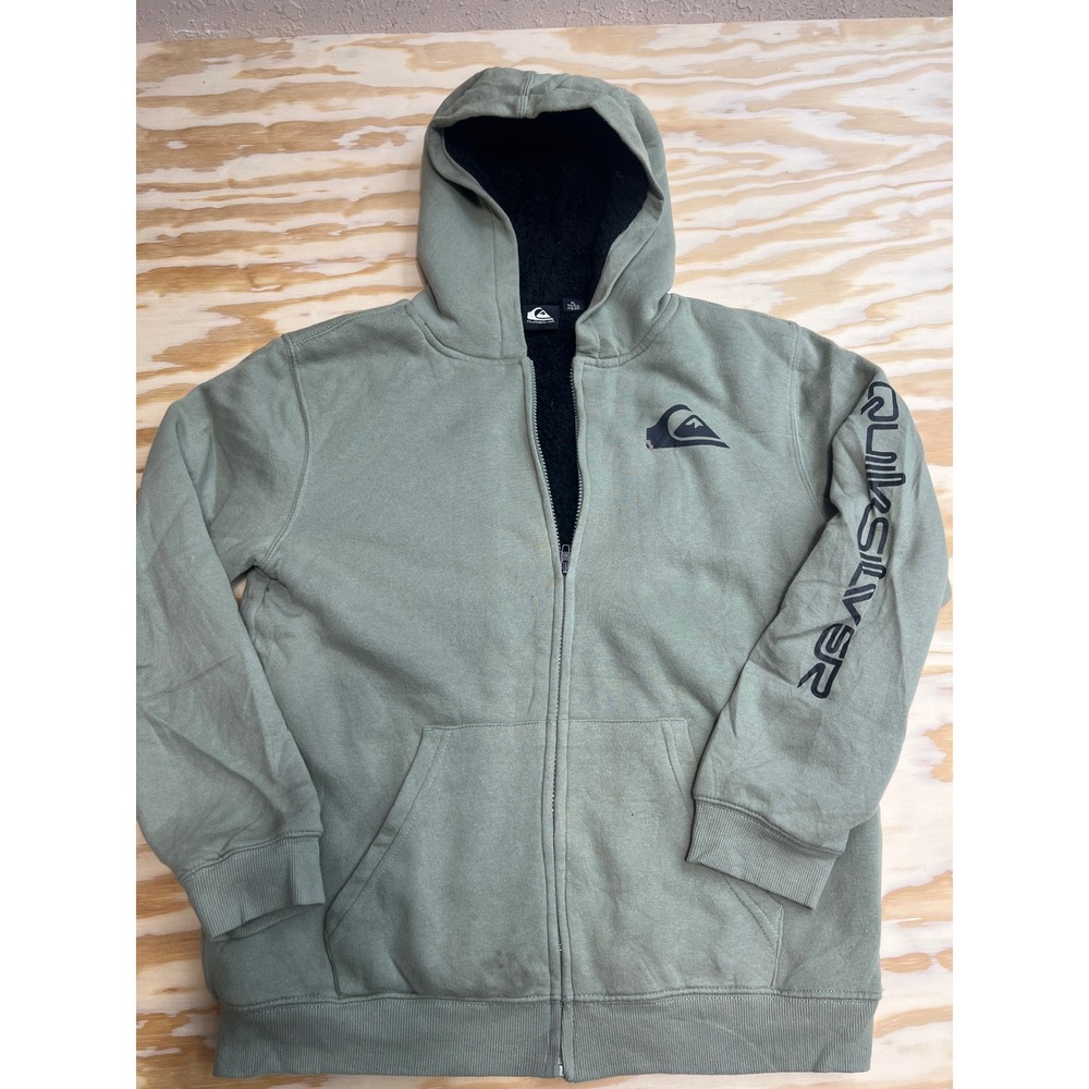 Quiksilver Boys XL 18/20 Sherpa Lined Full Zip Hoodie Sage Green Logo Sweatshirt